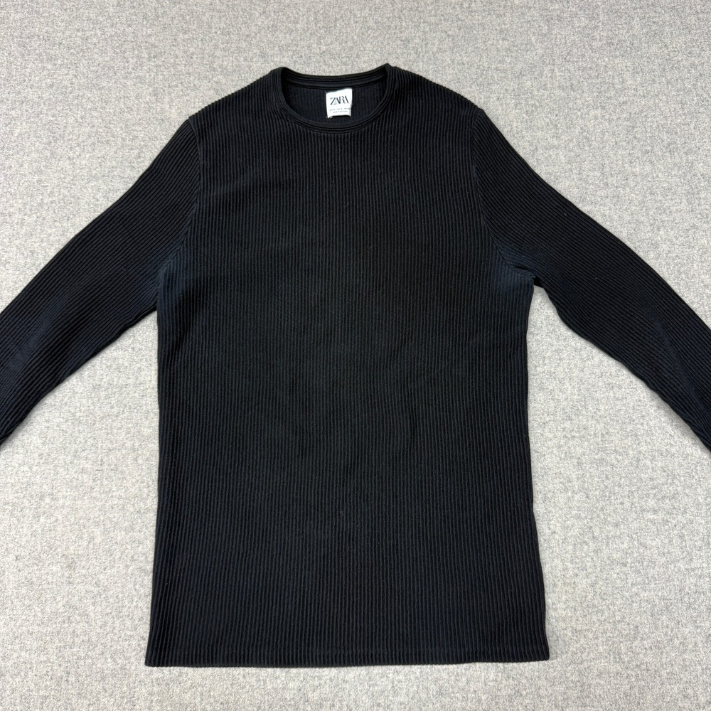 Zara Ribbed Long Sleeve Shirt Size Medium Black Crew Neck Slim Fit Minimalist